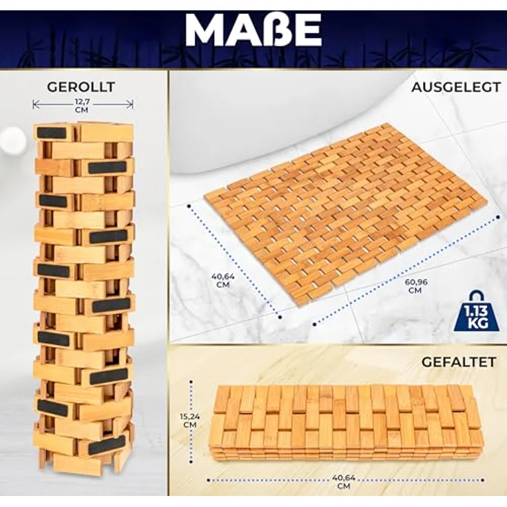 SereneLife Bambusmatte, 40x60cm Antirutschmatte Dusche, Schimmelresistent | Bambusteppich Rollbar, für Bad, Outdoor, Spa, Sauna, Küche und Terasse, Schnell Trocknend – Bild 2