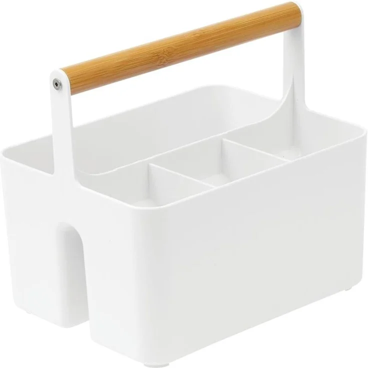 mDesign Besteckkorb Aufbewahrungskorb Holzgriff 4 Fächer Organizer Weiß – Bild 1