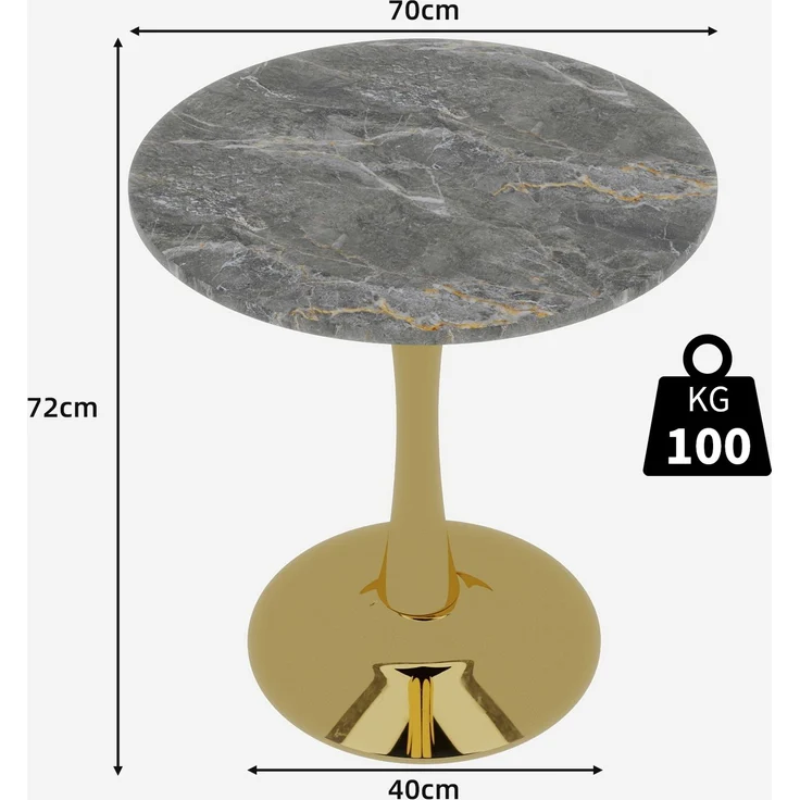 Novelux Couchtisch Gold Runder Esstisch Marmoroptik Dunkelgrau, Mid-Century Tisch 70cm für 2-4 Personen, Kaffeetisch Wohnzimmertisch – Bild 2