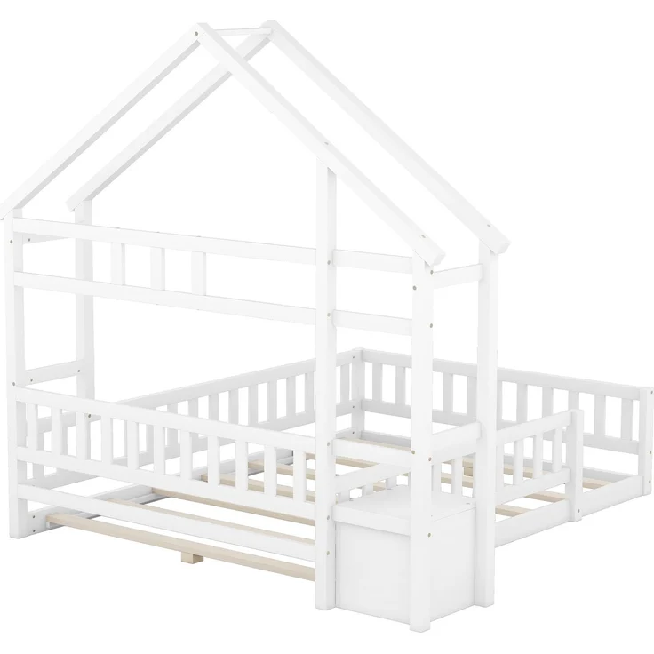Kinderhausbett, Flachbett aus Kiefernholz mit Geländer, inklusive Nachttisch, stabiles Massivholzbett für Kinder, Weiß – Bild 9