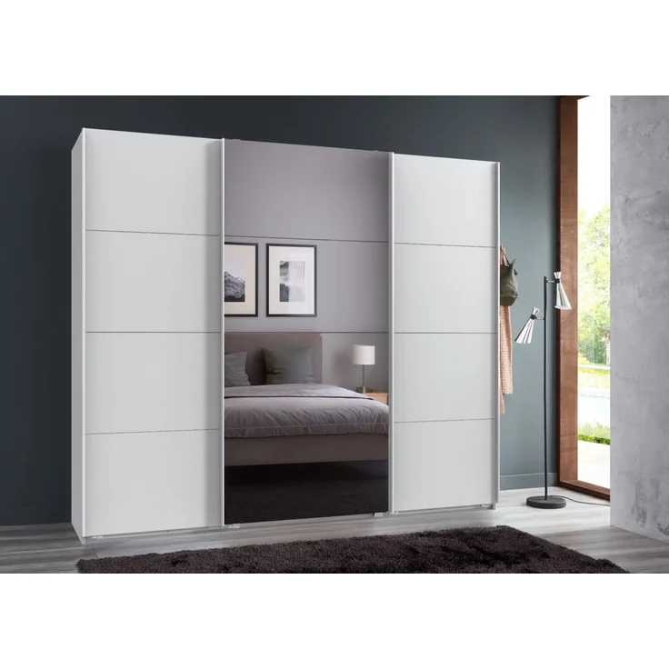 Schwebetürenschrank Kleiderschrank B225 cm H208 cm 3-türig Weiß, 1x Spiegeltür – Bild 3