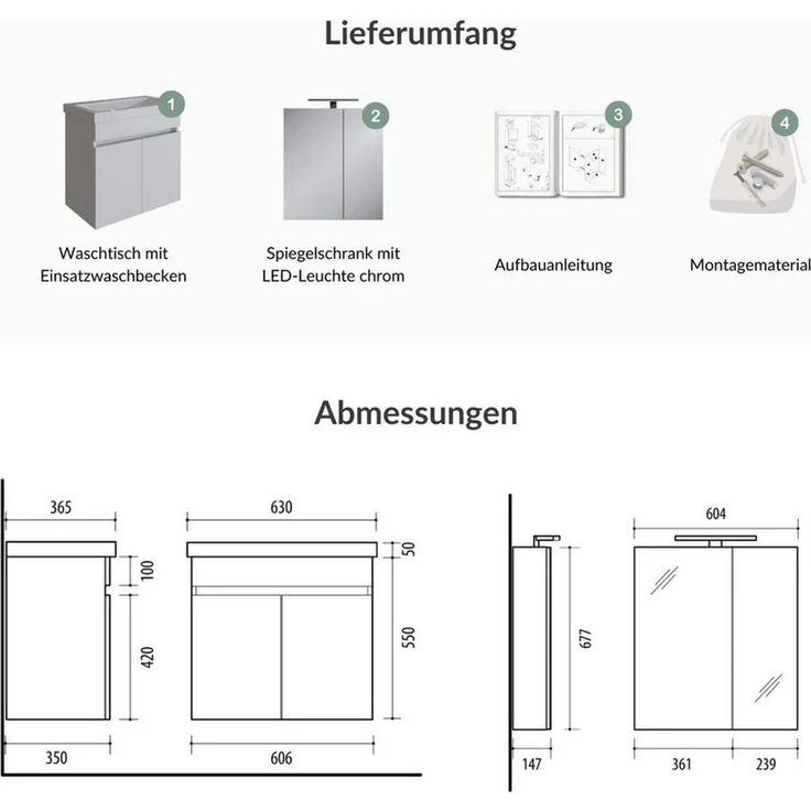 Planetmöbel Badmöbel-Set Waschtisch mit Spiegelschrank 63 cm, 2 teilig, (waschbecken mit unterschrank, spiegelschrank bad mit beleuchtung) – Bild 3