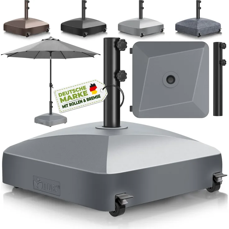 tillvex® Sonnenschirmständer GRAVIA mit Rollen & Bremsen Anthrazit | Schirmständer befüllbar 37 Liter / 56 kg | Schirmgewicht Sonnenschirm & Marktschirm Ø 1,8-3,7m | Ampelschirmständer wetterfest