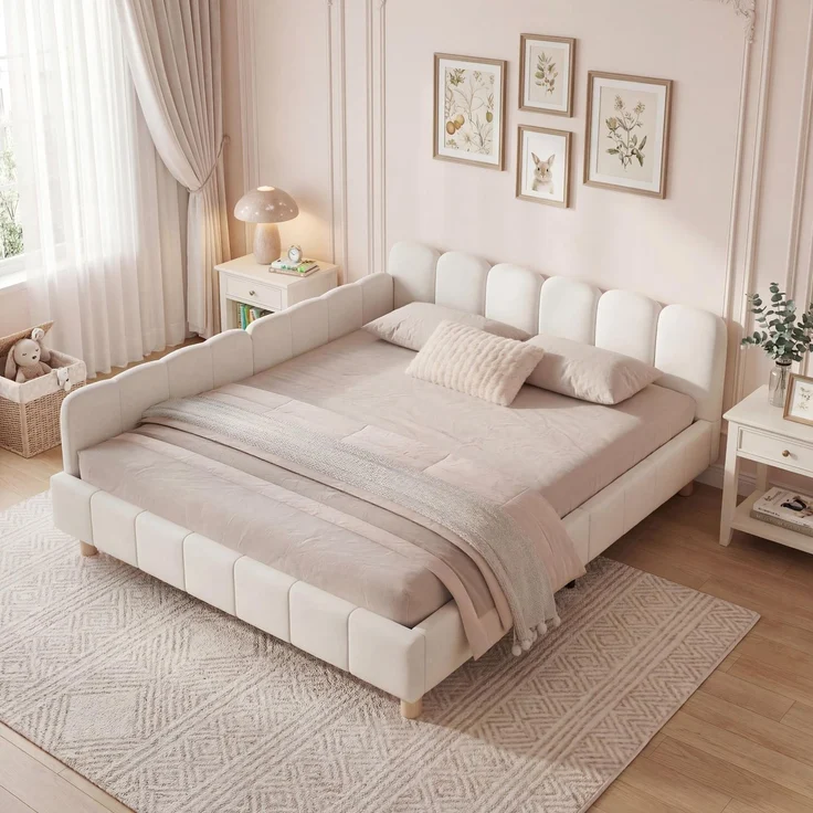 Merax Polsterbett, Kinderbett 140x190 cm, Bett mit und gepolstertes Kopfteil und Rausfallschutz, Bettbeine aus Massivholz, Samt, beige – Bild 5