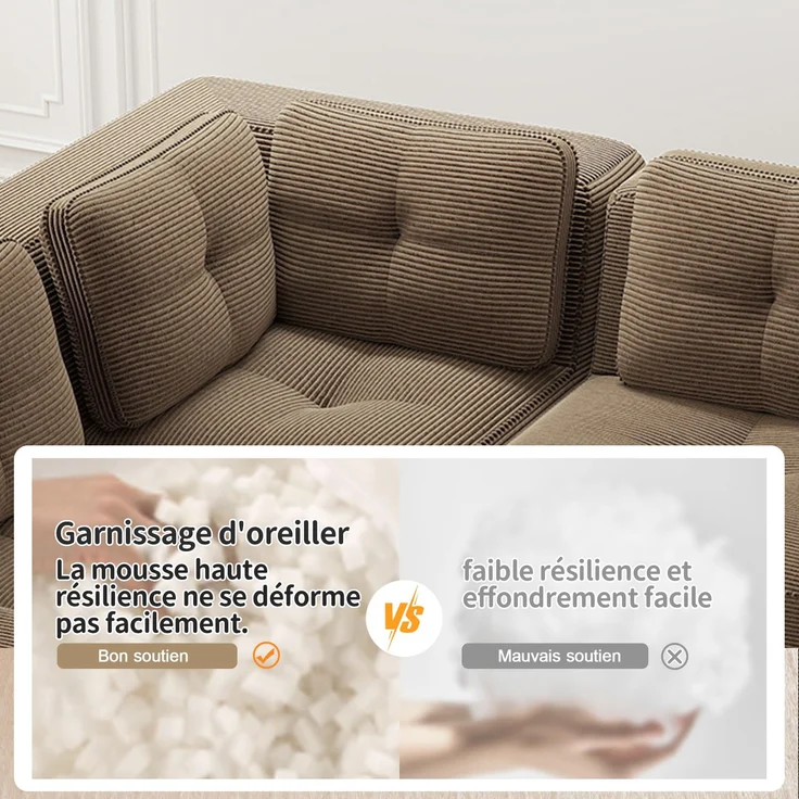 U-förmiges Sofa mit 1 Fußhocker mit Cordbezug und beweglicher Fußauflage, rahmenfreie Lounge-Couch mit breiten Armlehnen ohne Montage, Braun – Bild 13
