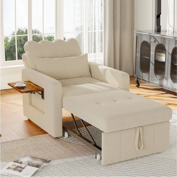Simurq Relaxsessel Klappbarer Sessel, Chenille Schlafsessel, vielseitiger Einzelsessel, bequemer Fernsehsessel, mit Tischchen & Rollen für Wohnzimmer