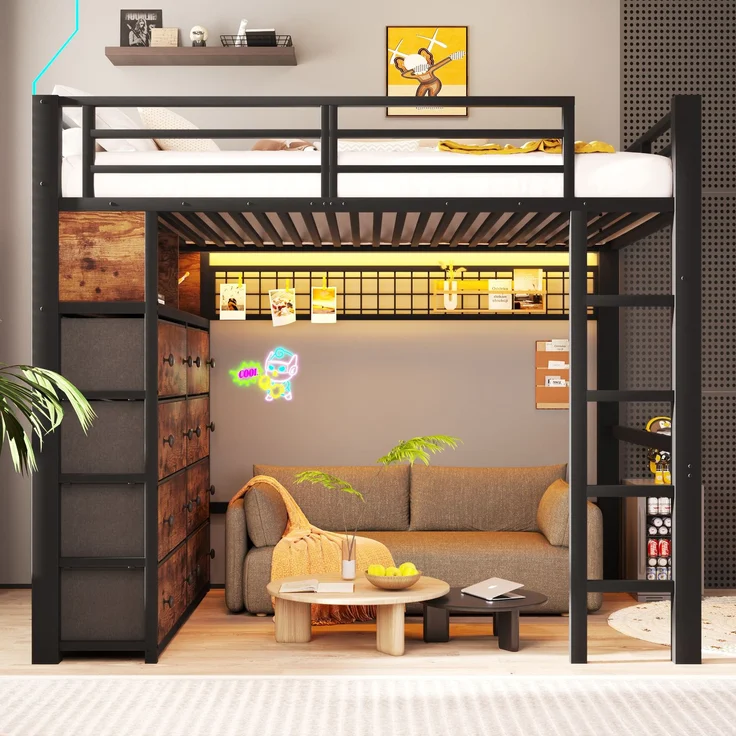U-life Metall-Hochbett 140x200 cm mit 8 Schubladen, LED-Beleuchtung, Regalen, Lochwand und Lattenrost, Schwarz – Bild 4