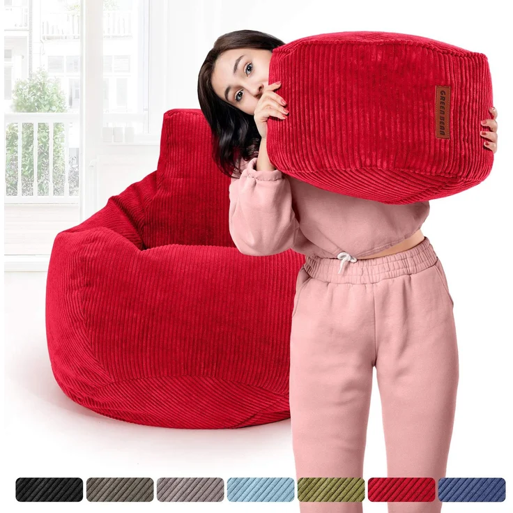 Green Bean® Sitzsack mit Hocker aus Cord - Sitzsäcke für das Wohnzimmer, Schlafzimmer, Sitzsack-Sessel für Erwachsene Rot – Bild 6