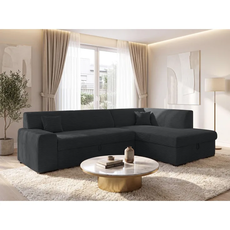 AX LIVING Ecksofa Schwarz Lucera 260 cm Schlafsofa mit Bettkasten R