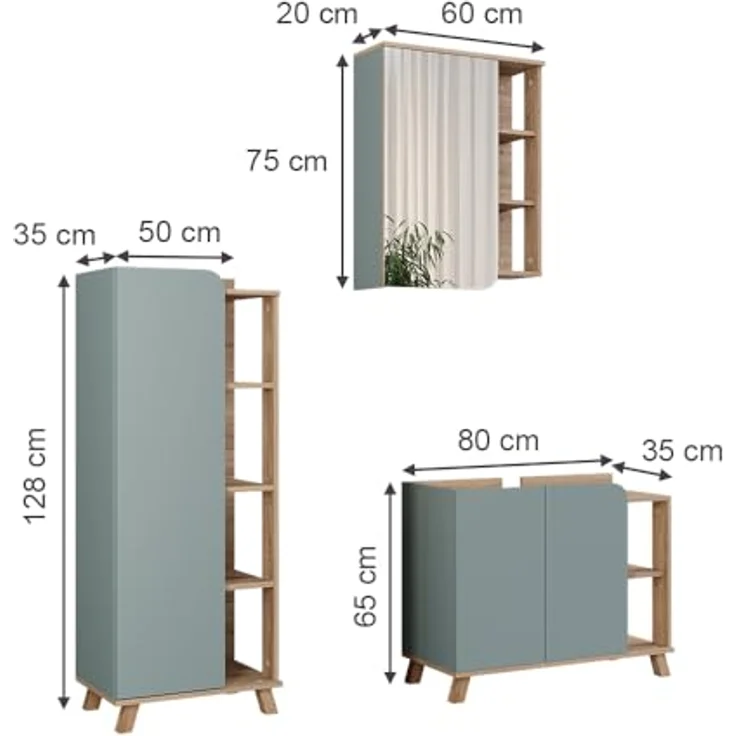Vichy Badmöbel-Set Karen, 3-teilig mit Waschbeckenunterschrank und Spiegelschrank, Sonoma/Blau – Bild 2