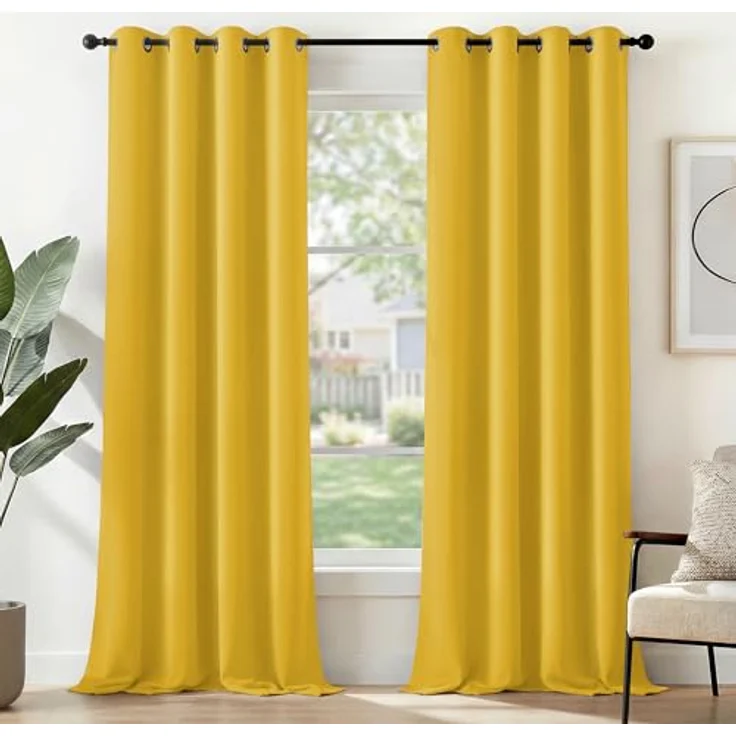 Deconovo Blickdichte Gardinen Ösenvorhang Vorhänge Thermovorhang Wohnzimmer, 242x132cm(HöhexBreite), Senfgelb, 2er Set – Bild 1