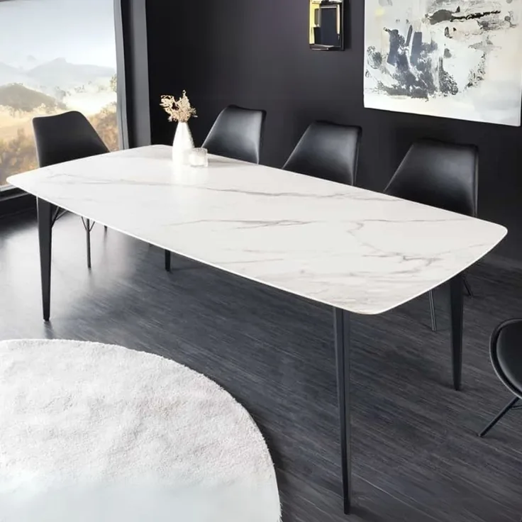 Eleganter Esstisch VENEZIA 160cm weiss-schwarz Marmor-Optik Keramik schwarzes Metall-Gestell Retro