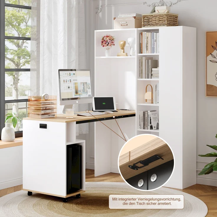 Klappbarer Schreibtisch mit Ablagen –2-in-1-Bücherregal und Schreibtisch, klappbar, mit Steckdose und USB-Anschluss, höhenverstellbare Ablagen, Kippschutz, weiß-Schreibtisch,Eck-Schreibtisch-rechts – Bild 6