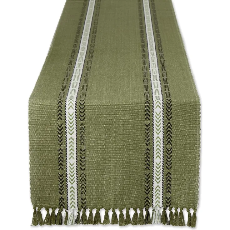 DII Fransen Streifen Tischplatte, Baumwolle, Dobby Olive, Tischläufer, 14x108