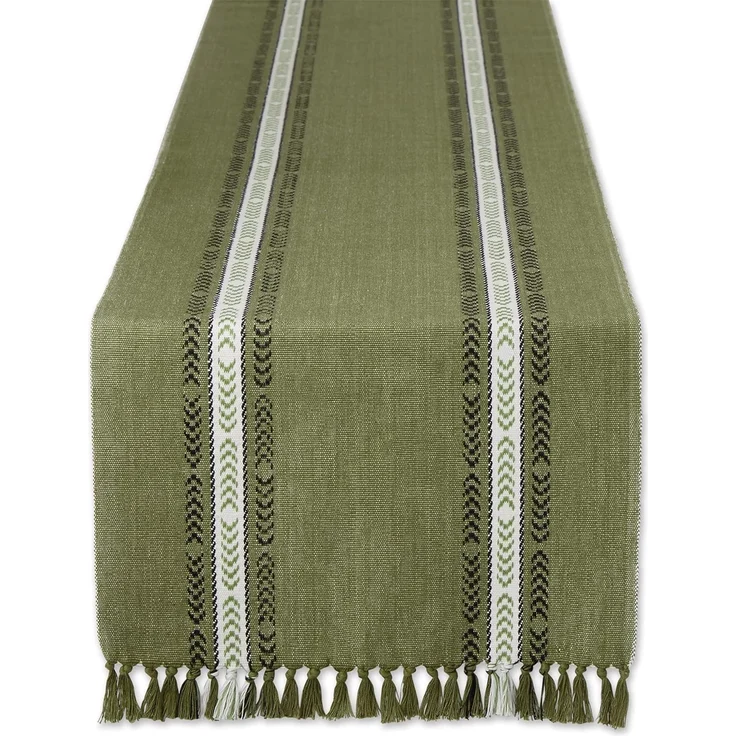 DII Fransen Streifen Tischplatte, Baumwolle, Dobby Olive, Tischläufer, 14x108