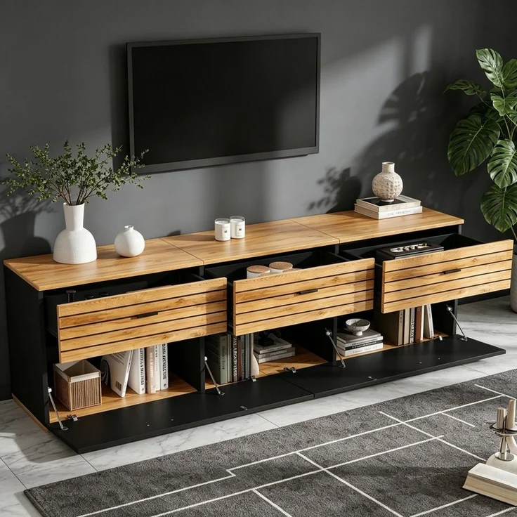Fine Life Pro TV-Schrank Lowboard / TV‑Schrank / TV‑Lowboard mit 2 Türen, 3 Schubladen 168×38×59 cm, für Wohnzimmer – Bild 2