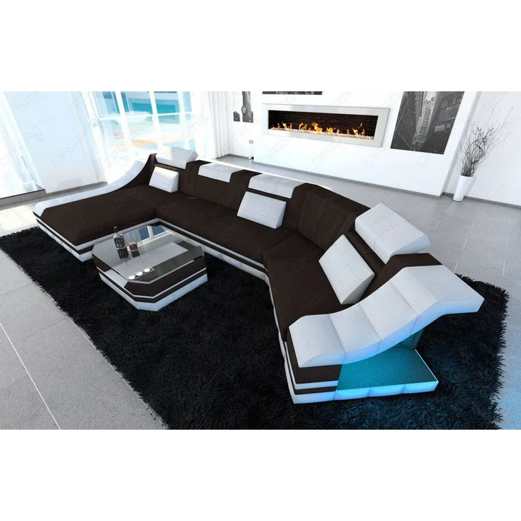 Polster Wohnlandschaft Turino C-Form mit LED - Mikrofaserstoff - Mokka-Weiß - Links – Bild 6