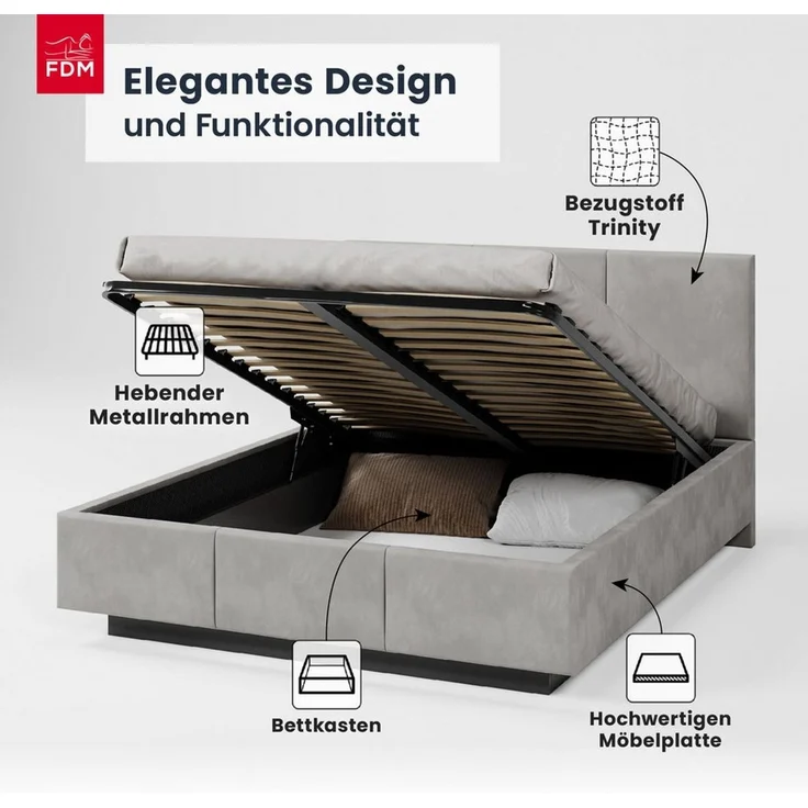 FDM Polsterbett ALMADA modern mit Bettkasten MADE IN EU - mit Trinity Velours Bezug (verfügbar 90x200 120x200 140x200 160x200 180x200cm, Bettrahmen, Bett, mit großen gepolsterten Kopfteil, mit Bettkasten zum aufklappen), Hebbarer Metallrahmen, Bettkast... – Bild 2