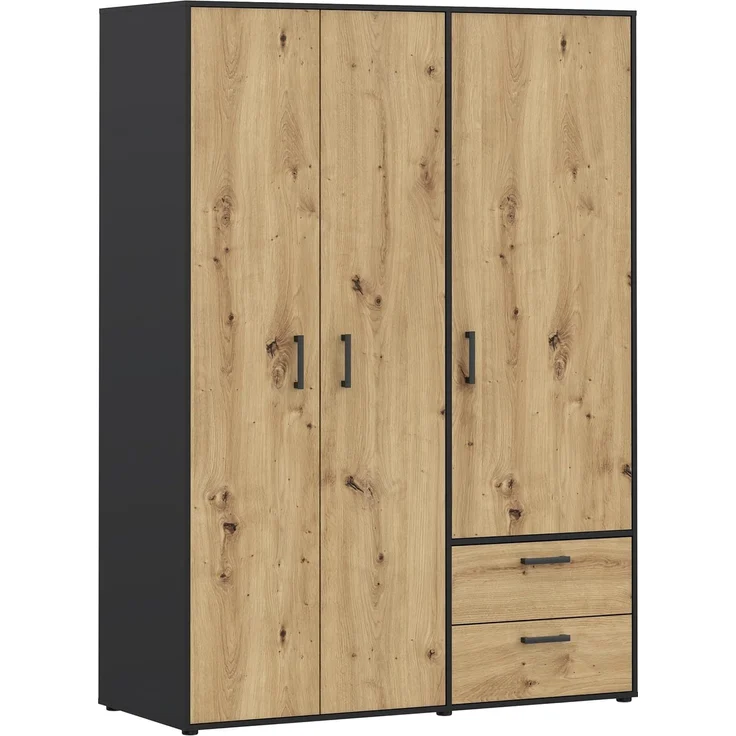 Forte MONISSA Kleiderschrank 140 150, moderner Drehtürenschrank, 3-türig, 2 Schubladen, Holzwerkstoff, Artisan Eiche Holzdekor|Schwarz, 144,4 cm breit x 200,1 cm hoch x 59 cm tief – Bild 4