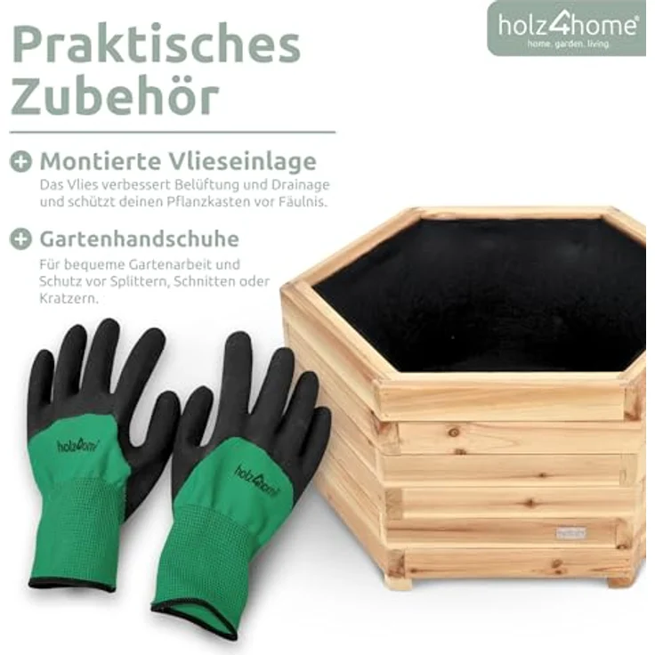 holz4home® Pflanzkübel 6-eckig aus Tannenholz I Outdoor Blumenkübel für Garten Balkon, inkl. Gartenhandschuhe & Vlies – Bild 6