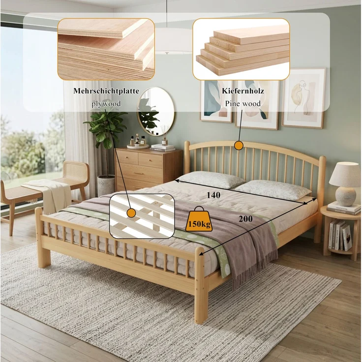 CHICFURN Bett aus Kiefernholz Beige/Natur 140x200 cm mit Lattenrost und Gitterkopfteil – Bild 5