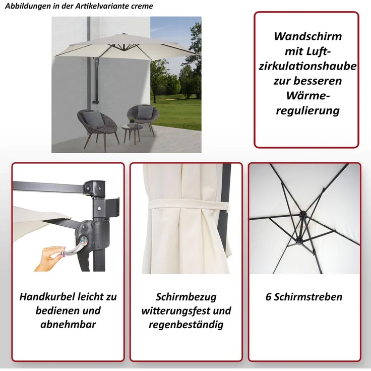 Wandschirm Casoria, Ampelschirm Balkonschirm Sonnenschirm, 3m neigbar, Polyester Alu/Stahl 9kg ~ türkis – Bild 2