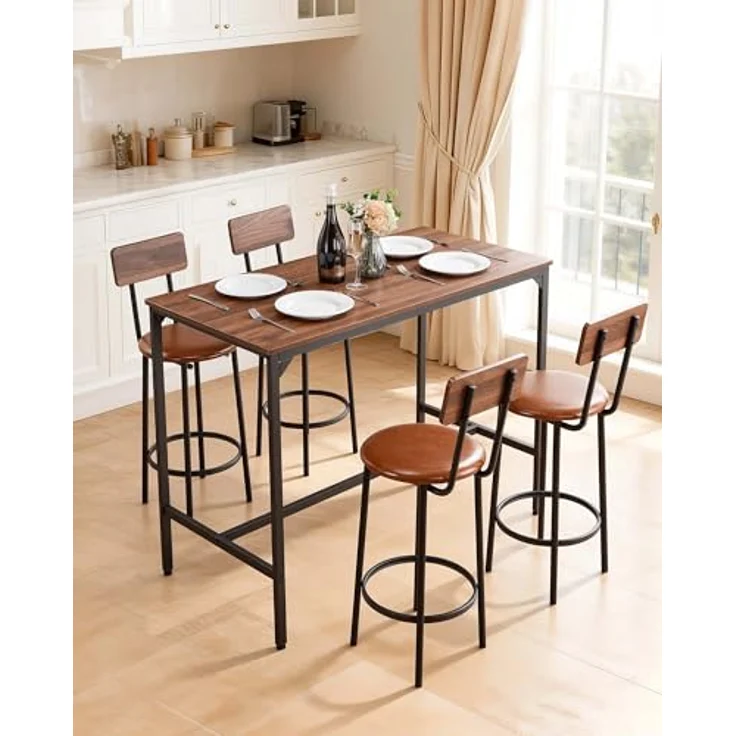 VEVOR Bartisch-Set (5-TLG.) mit 4 Barstühlen & abgerundeten Kanten, rechteckiger Kneipentisch Stehtisch (1200 x 600 x 915 mm), Bistrotisch Esstisch, geeignet für Büro Minibar Esszimmer Wohnzimmer – Bild 2