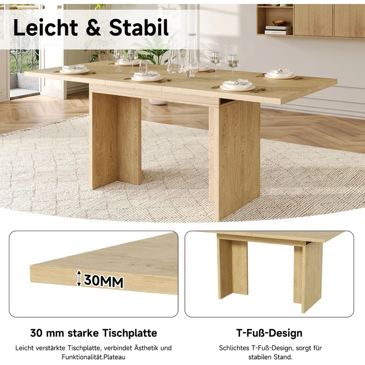 Ausziehbarer Esstisch, 140/180*80 cm, geeignet für 6-8 Personen, rechteckige Form, verdickte Tischplatte, einfachen Stil,Tisch für Esszimmer, Küche, Wohnzimmer, Eichenfarbe – Bild 8