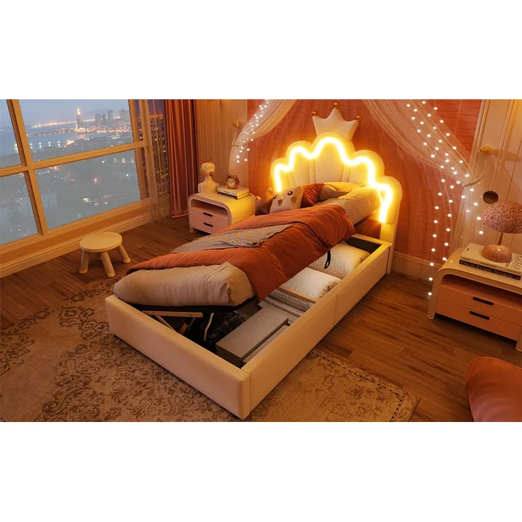 EINHOM Polsterbett, 90 x 200 cm, LED-Lichtband, mit Hydraulischem Hebemechanismus, Prinzessinnenbett in Kronenform, Verstellbares Kopfteil, PU, Weiß, (Ohne Matratze) – Bild 7