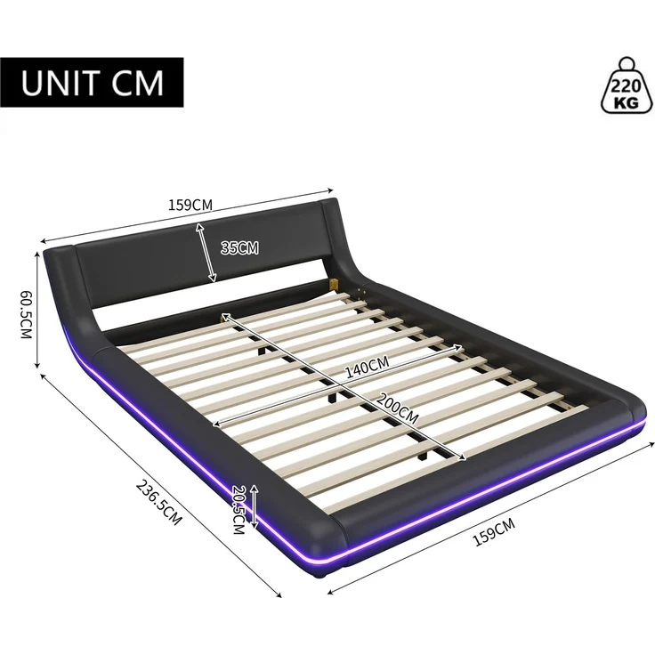 140*200cm Flachbett, Bodenbett, PU, LED-Umgebungslicht, Schwarz – Bild 7