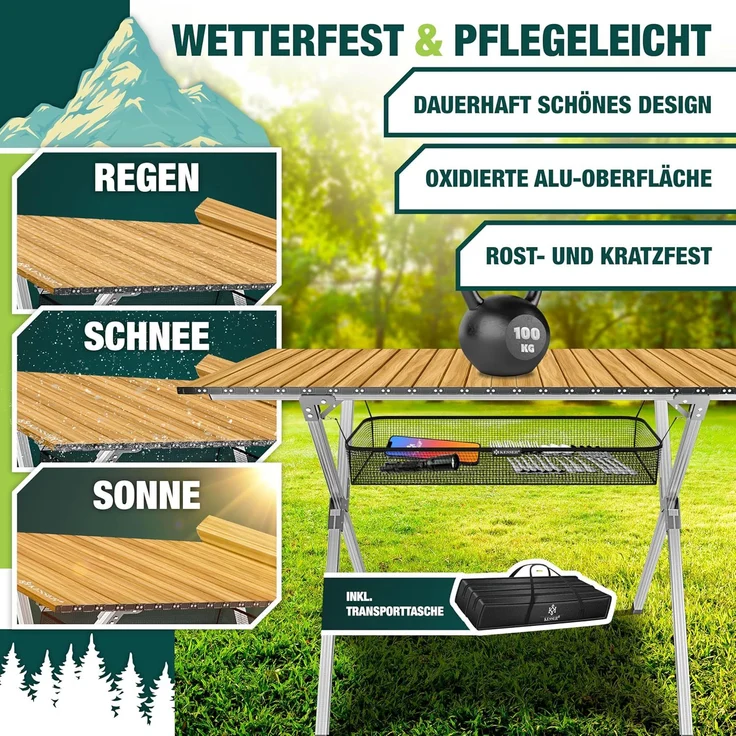 KESSER® Campingtisch faltbar Klapptisch mit Aluminiumrahmen Aufrollbare Tischplatte Falttisch klappbar inkl. Tragetasche mit Trageband & Netztasche, Holz-Optik 145 cm, Braun / Silber – Bild 4