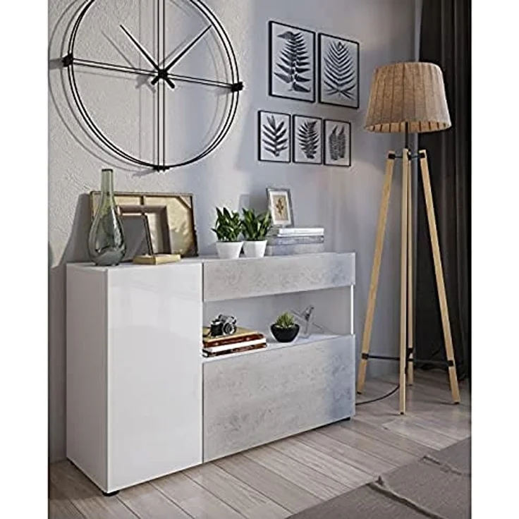 Dmora Modernes Sideboard mit 2 Türen und 1 Schublade, Sideboard mit Regalen und Regalen, Wohnzimmer-TV-Ständer, 130x41h81 cm, Glanzweiß und Zementfarbe – Bild 1