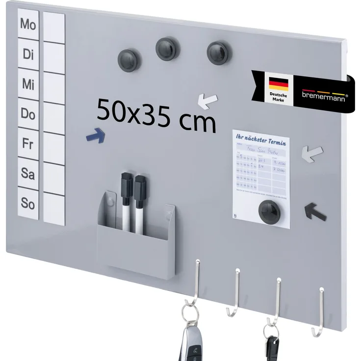 Magnettafel aus Metall, beschreibbar, viel Zubehör, hellgrau lackiert