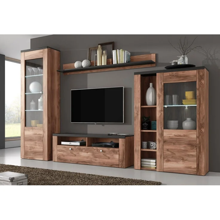 Home affaire Wohnwand Larona, Anbauwand, Set 4 Teilig, (Set, 4-St), bestehend aus 1 TV-Board, 1 Highboard, 1 Vitrine, 1 Wandregal – Bild 2