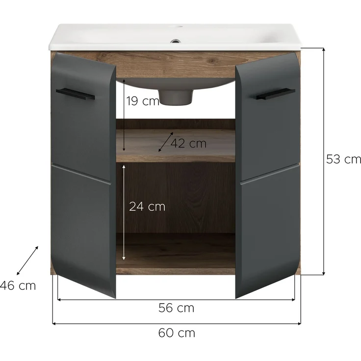 Waschtisch inkl. Waschbecken (B/H/T: 60x55x46 cm) in schwarz matt und Nox Oak Nachbildung – Bild 4