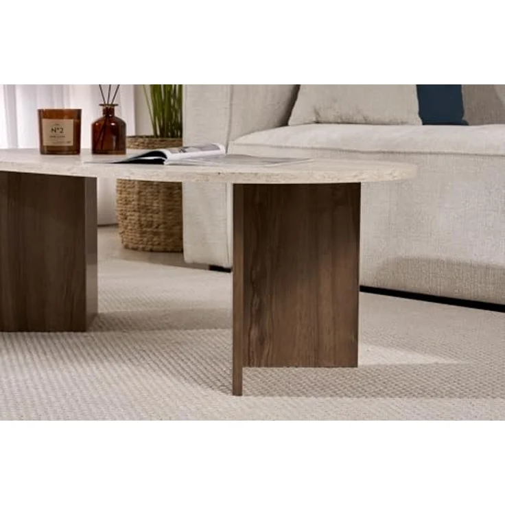 Modern Coffee Table, 119 x 40 x 60 cm, Travertine & Walnut Colors | 100% Melamine Coated Particle Board, 18 mm Thickness | Stylish & Functional Design for Contemporary Living Spaces – Bild 7