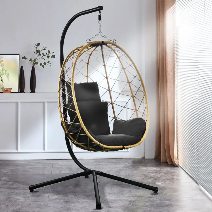 Luxus Hängesessel NEW XXL Gestell Schwarz mit Korb Natur und Kissen Dunkel Grau