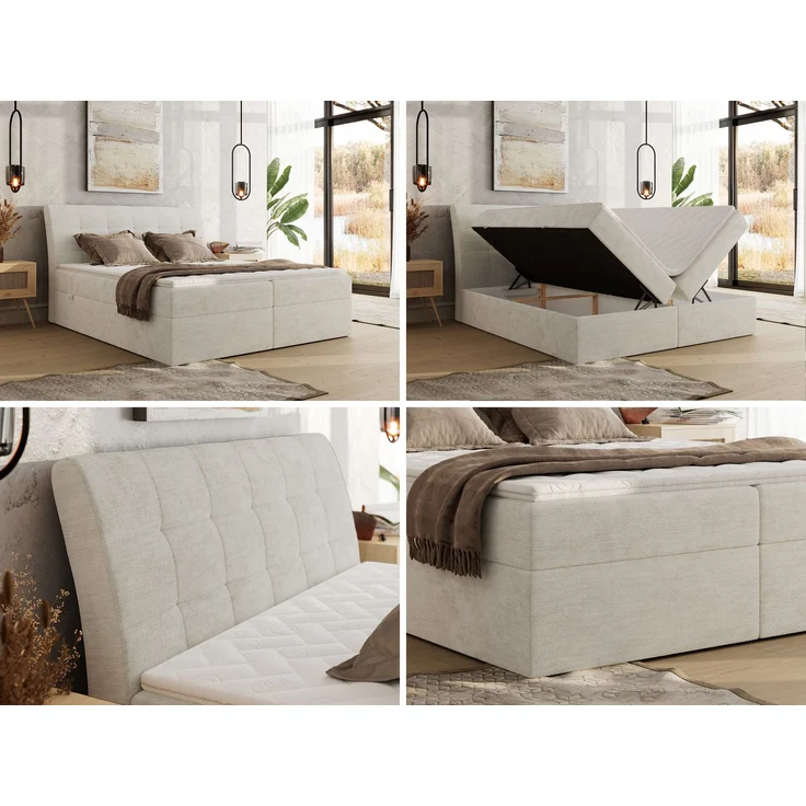Boxspringbett DAGOS 200x200 cm mit Kopfteil, Lattenrost und Stauraum – Doppelbett mit Matratze & Topper T25 , stabile Konstruktion, Bettkasten, modernes Design - Creme Schenille glatt - H4 – Bild 2
