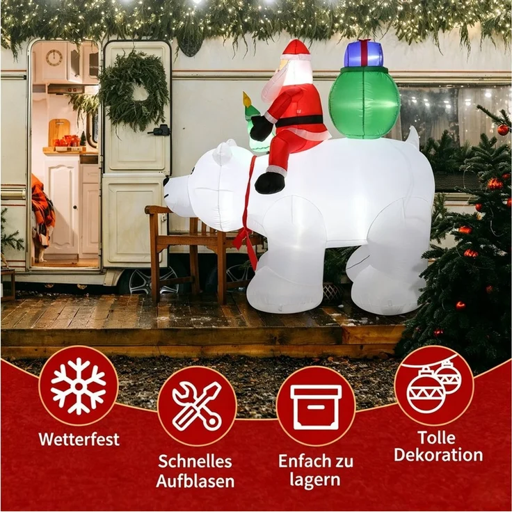 VINGLI Weihnachtsfigur Wetterfest, Weihnachtsdeko Aufblasbar für Innen & Außen, 180 cm Aufblasbarer Weihnachtsmann auf Eisbär – 7 LEDs – Bild 3