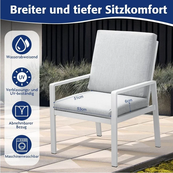 MeXo Gartenlounge-Set Gartenmöbel Set Aluminium Outdoor, (Garten-Essgruppe für 6 Personen, 7-tlg, mit Polywood Tisch & Auflagen), wetterfest für Terrasse & Garten – Bild 3