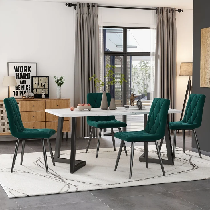 Samt Polsterstuhl 4er-Set mit Rückenlehne, Fischgräten-Design & Metallbeinen, moderner Esszimmerstuhl,Grün – Bild 1