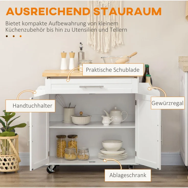 Küchenwagen 109x40x89 cm mit Schublade, Schrank und Arbeitsplatte – Weiß – Bild 2