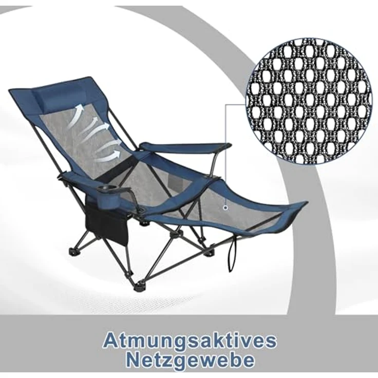 eSituro Campingstuhl klappbar, Angelstuhl faltbar, Klappstuhl mit Abnehmbarer Fußablage Getränkehalter Tragetasche, Strandstuhl mit Verstellbarer Rückenlehne, Campingliege Blau – Bild 6
