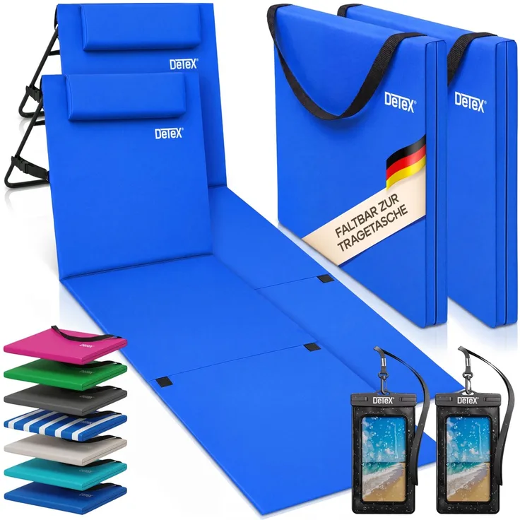 DETEX® 2x Sonnenliege Gepolstert mit Rückenlehne inkl. Handyhülle Blau