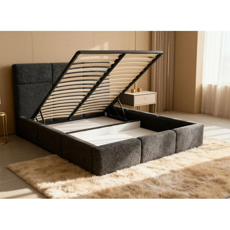 Polsterbett Celine - Bettkasten mit Gasdruckfedern - Doppelbett mit Lattenrost, Bett mit Polsterkopfteil, Bettgestell, Schlafzimmer, Bouclé-Stoff (160x200 cm, Beige (Coral 65)) – Bild 3