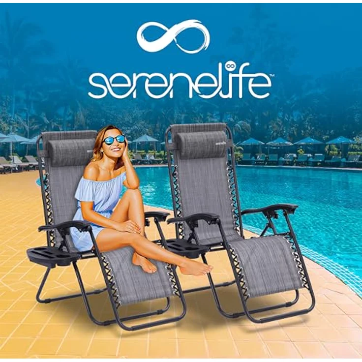 SereneLife Liegestuhl Klappbar, Relaxliege 2er Set Grau als Gartenmöbel zum Relaxen & Liegen, Sonnenstuhl für Balkon, Garten, Terrasse & Camping mit Seitentisch, Kopfkissen & Getränkehalter – Bild 3