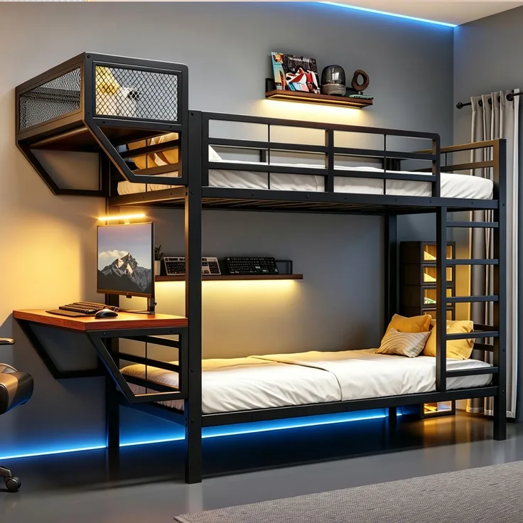 ZUBALIYA Metall-Etagenbett (90 x 200 cm) mit Schreibtisch und Ablagefächern, Lattenrost, platzsparendes Hochbett für Kinder, Jugendliche und Erwachsene, Schwarz