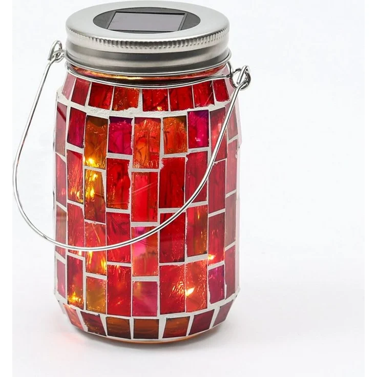 MARELIDA LED Solarleuchte LED Solar Glas Einmachglas mit Mosaik Tischleuchte Lichtsensor rot, LED Classic, warmweiß (2100K bis 3000K) – Bild 2