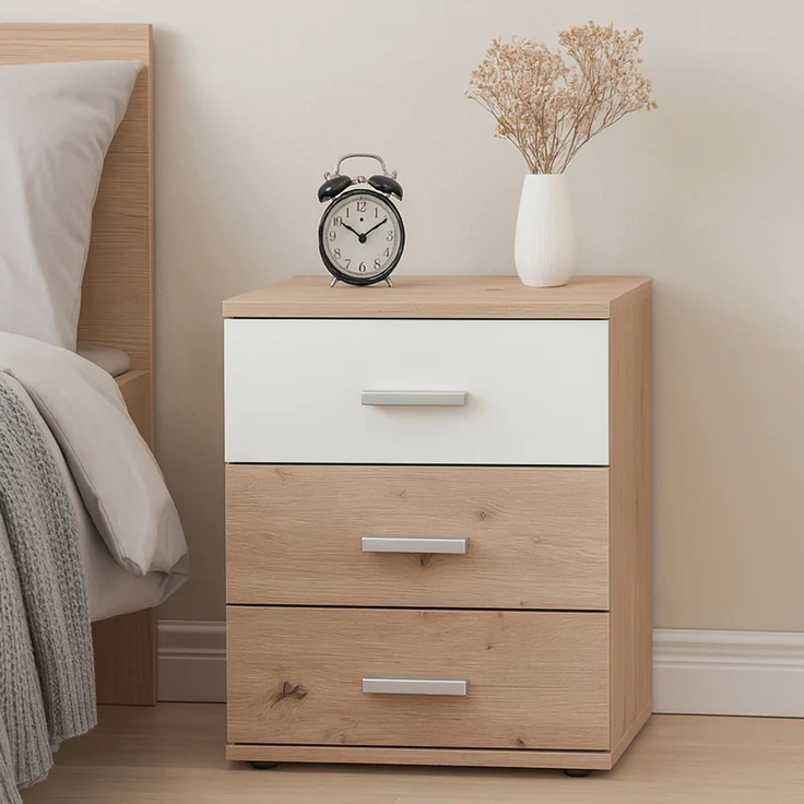 HTI-Living Nina Weiß Artisaneiche Nachtschrank mit 3 Schubladen 2er-Set – Bild 2