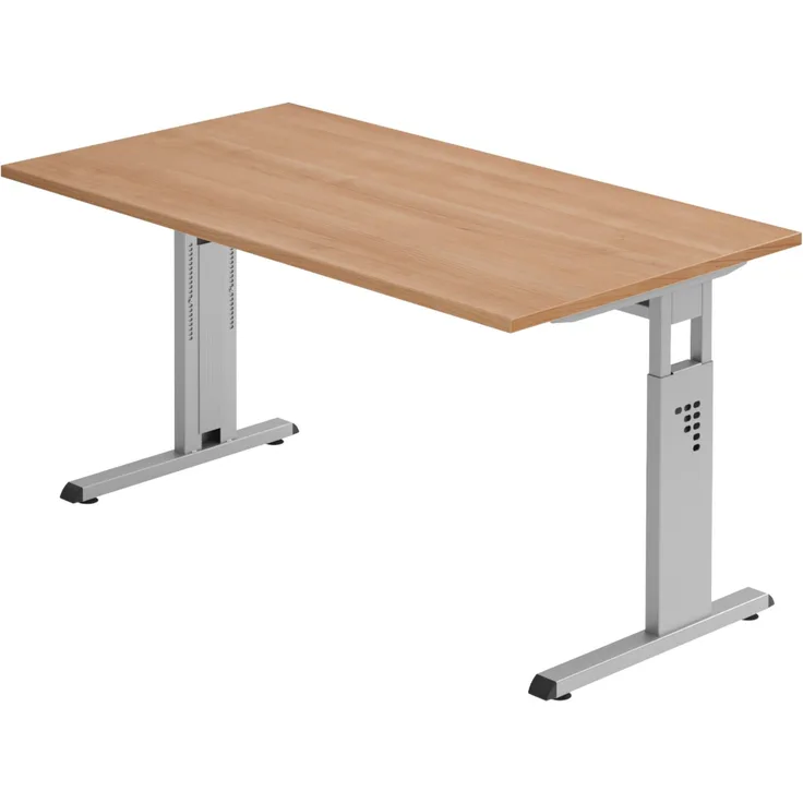 bümö höhenverstellbarer Schreibtisch O-Serie 140x80 cm in Nussbaum, Gestell in Silber - PC Tisch für's Büro manuell höhenverstellbar, Computertisch verstellbar, OS-14-N-S